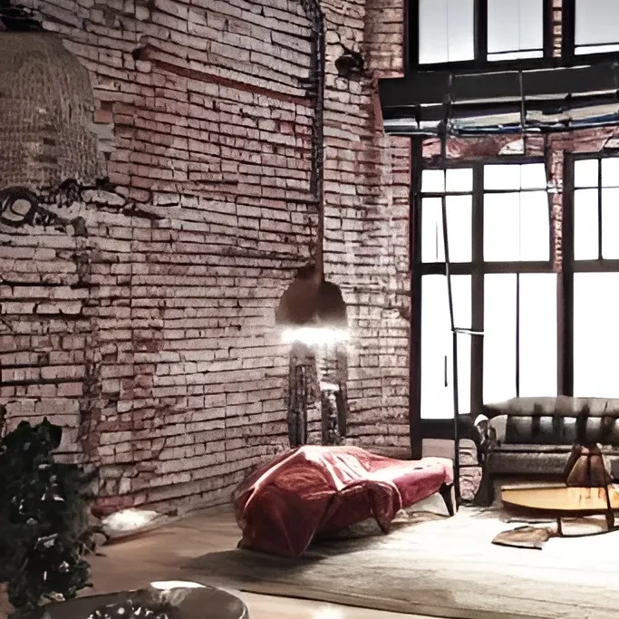 Dormitorio loft con paredes de ladrillo rojo