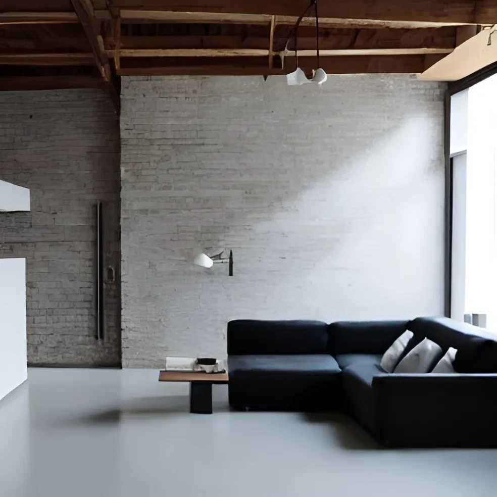 Loft minimalista con sofá negro y ladrillo