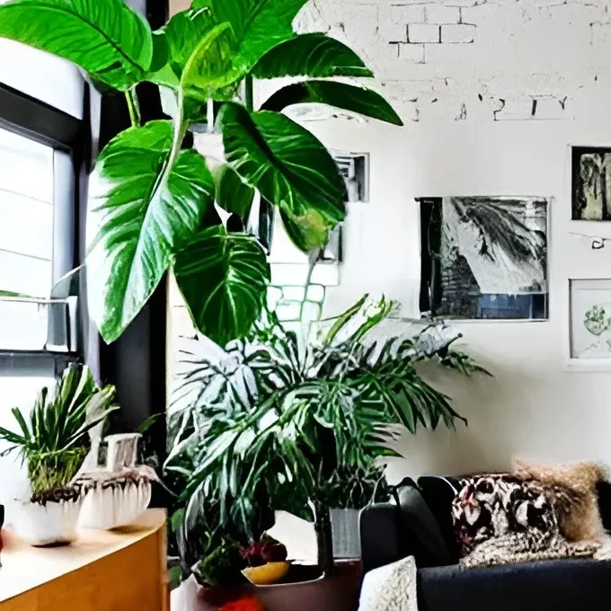 Salón con plantas tropicales exuberantes
