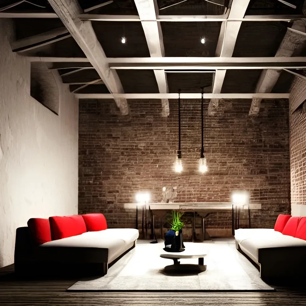 Loft rojo y negro con vigas iluminadas