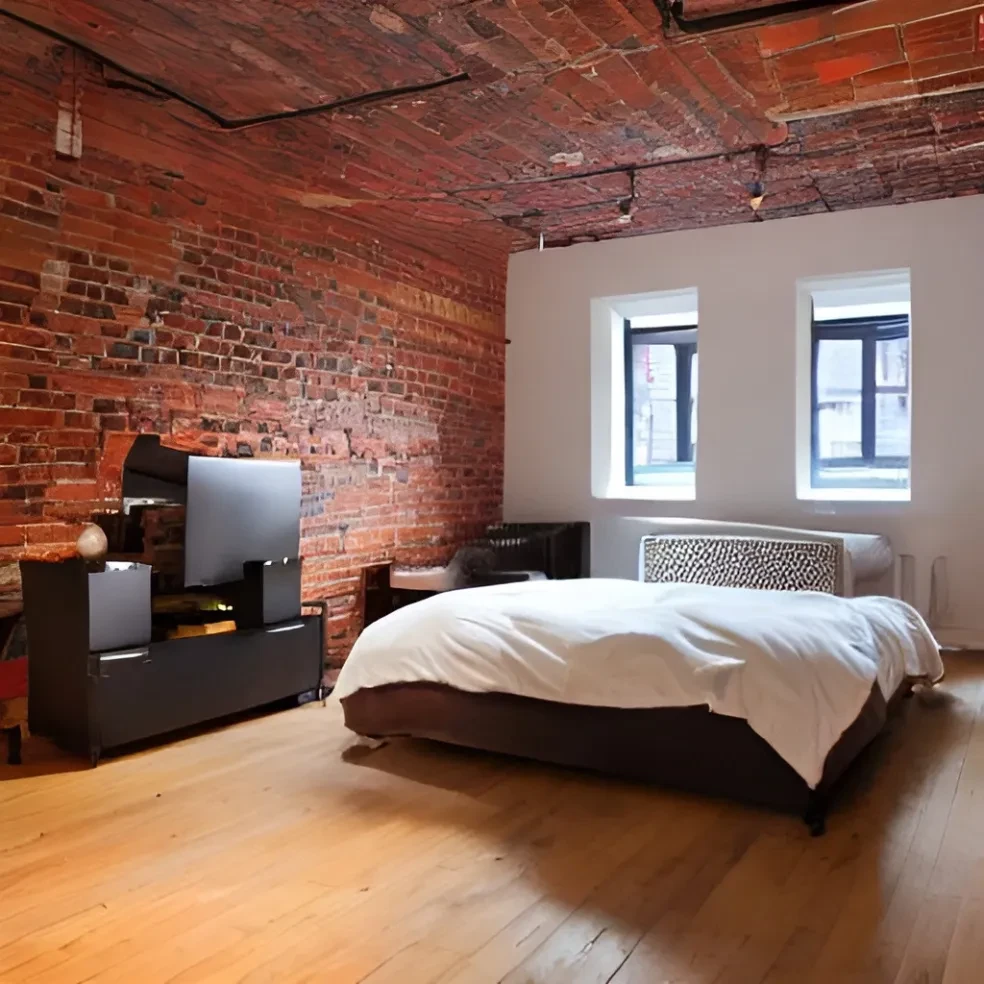 Dormitorio loft con ladrillo visto y suelo de madera