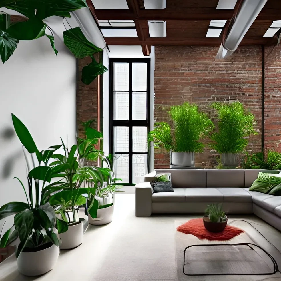 Salón loft con sofás blancos y ladrillo pintado
