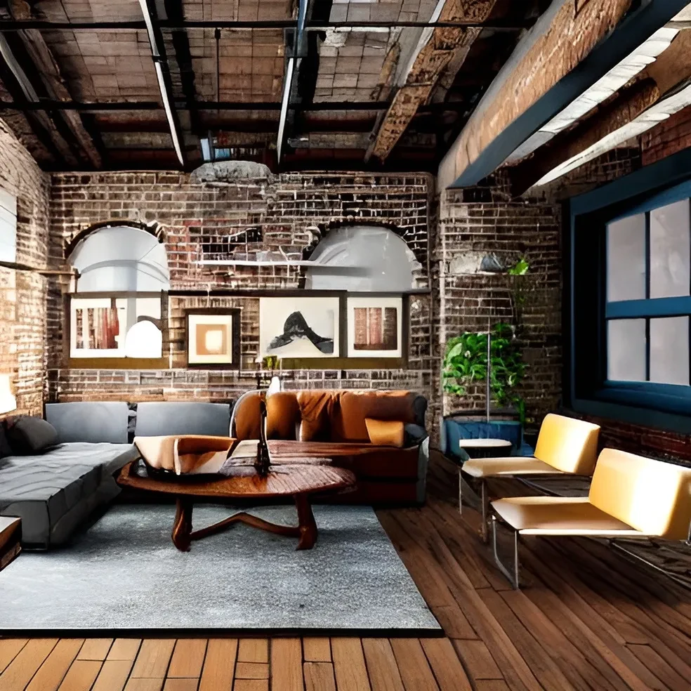 Loft con sofá y elementos industriales