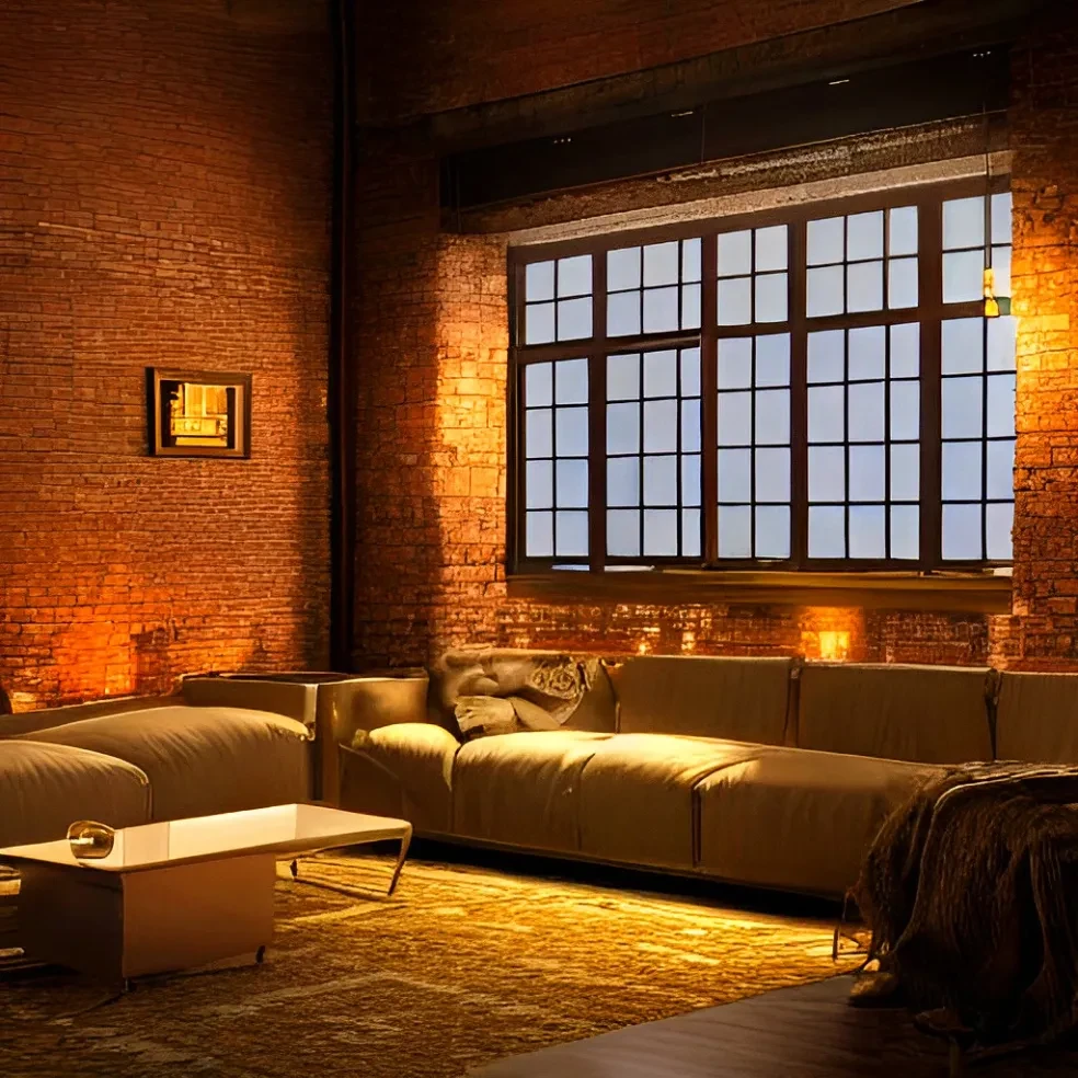 Loft industrial con iluminación cálida