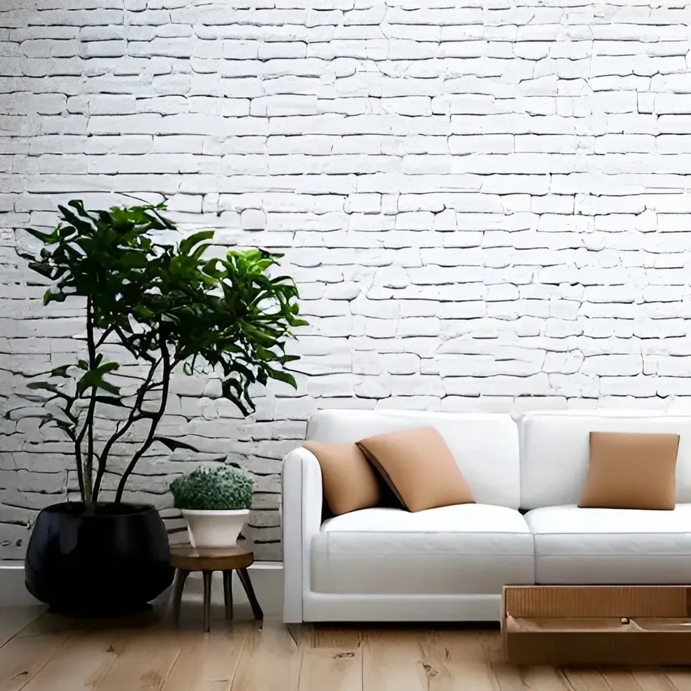 Salón blanco con ladrillo y plantas