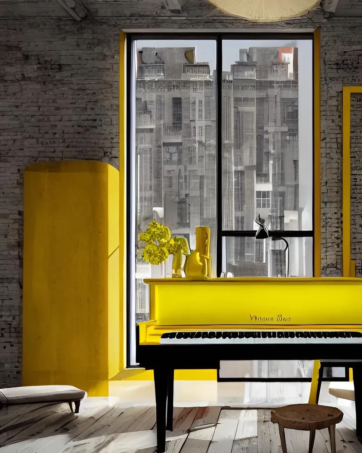 Piano amarillo en loft urbano