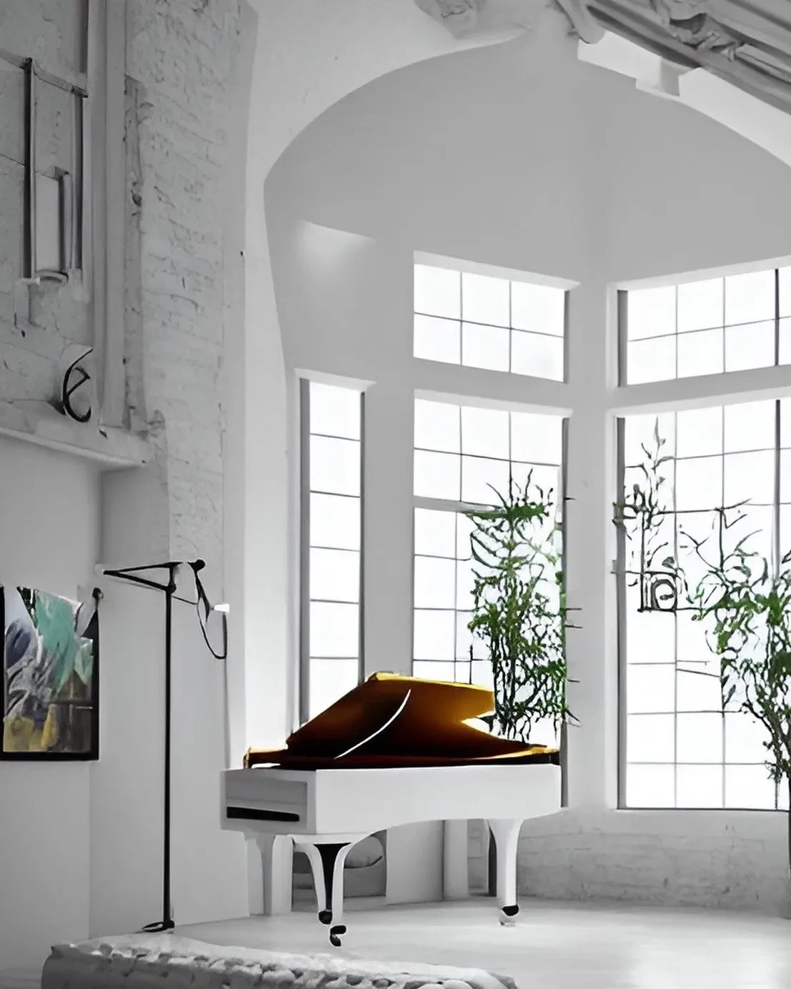 Piano blanco de cola en estudio luminoso